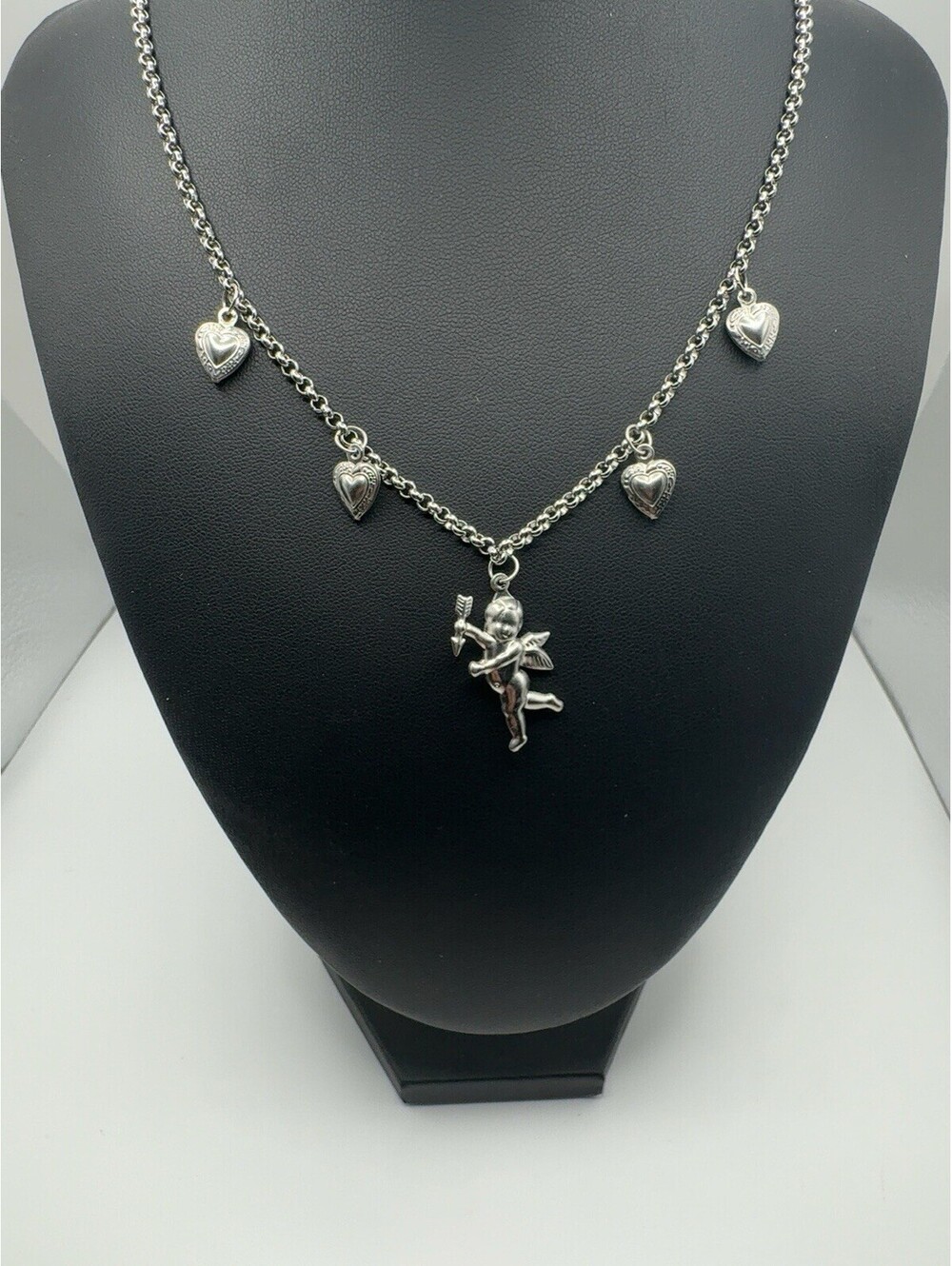 Cupid Heart Locket Charm Necklace Silver Tone Valentine Romantic Jewelry